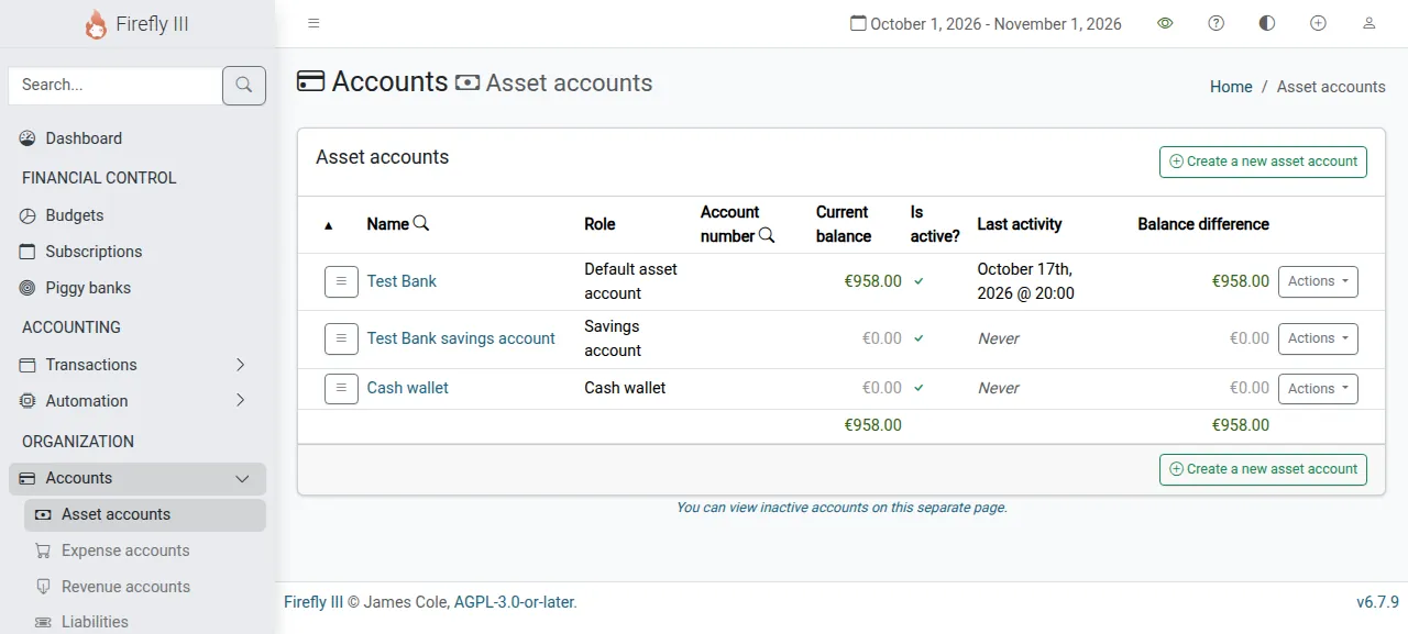 The Firefly III asset accounts list with Test Bank at 958.00 EUR after the 42 EUR expense