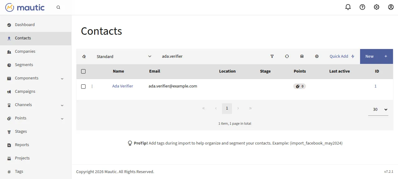 The Mautic Contacts list with the new contact Ada Verifier
