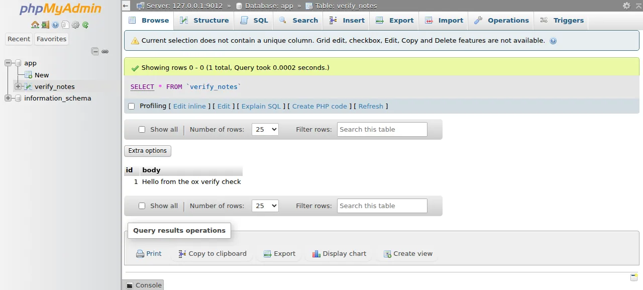 The verify_notes table with the row the test agent inserted