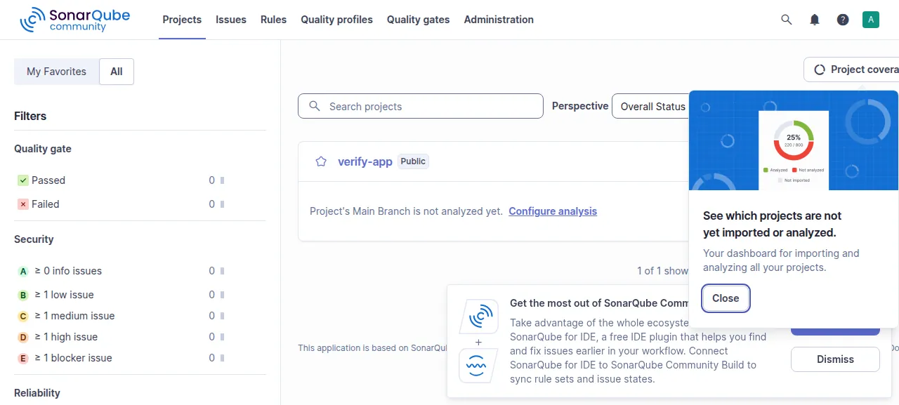 The SonarQube project list with the new project verify-app